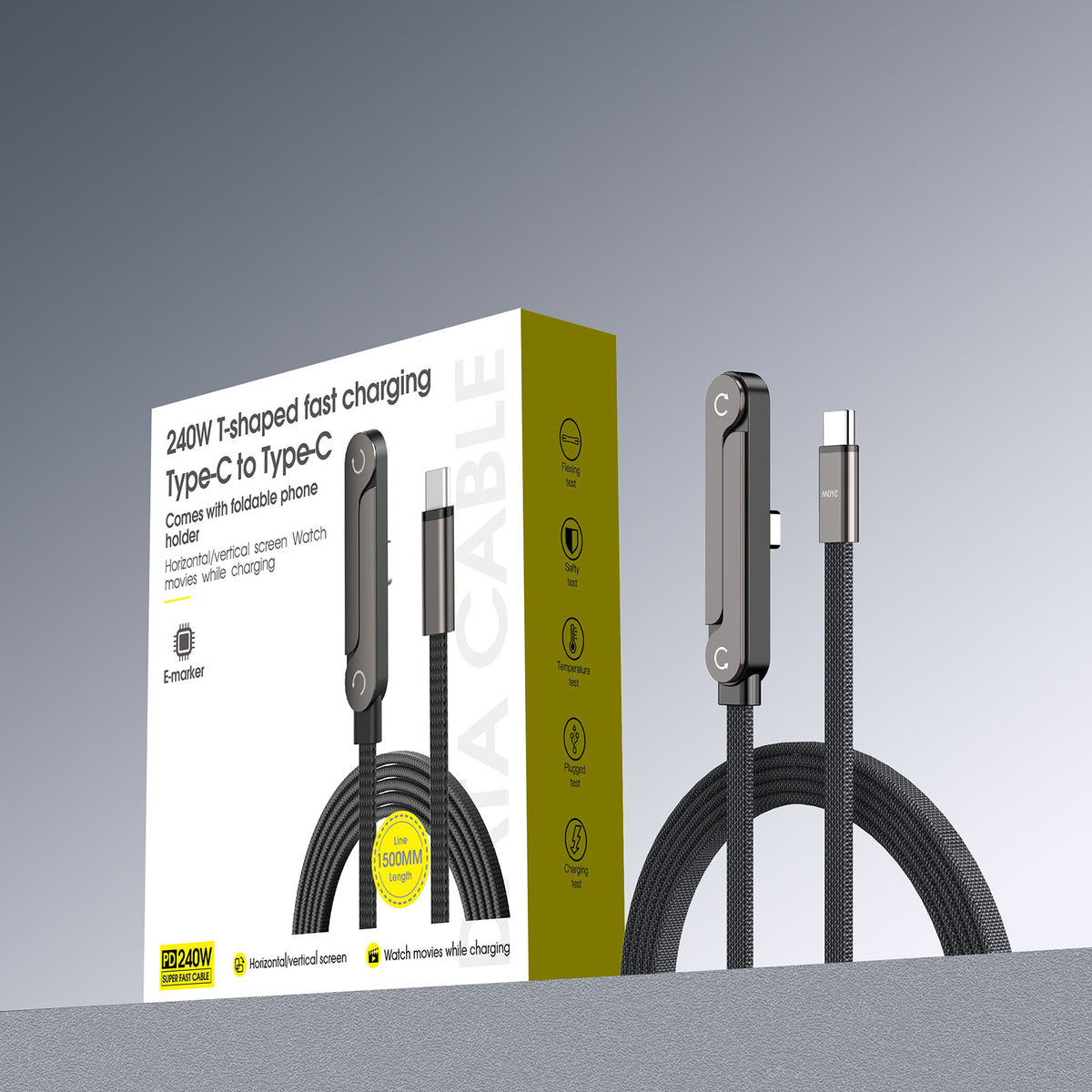 Type-C Charging Cable for Huawei and iPhone 17, Bendable Connector, Non-Blocking Design for Gaming Stand, 240W Fast Charging Cable