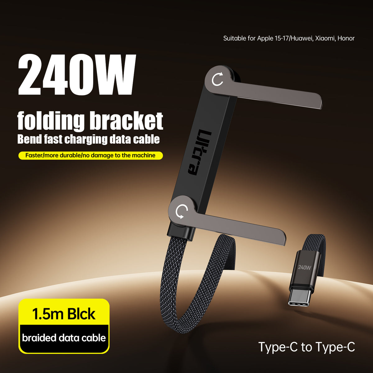 Type-C Charging Cable for Huawei and iPhone 17, Bendable Connector, Non-Blocking Design for Gaming Stand, 240W Fast Charging Cable