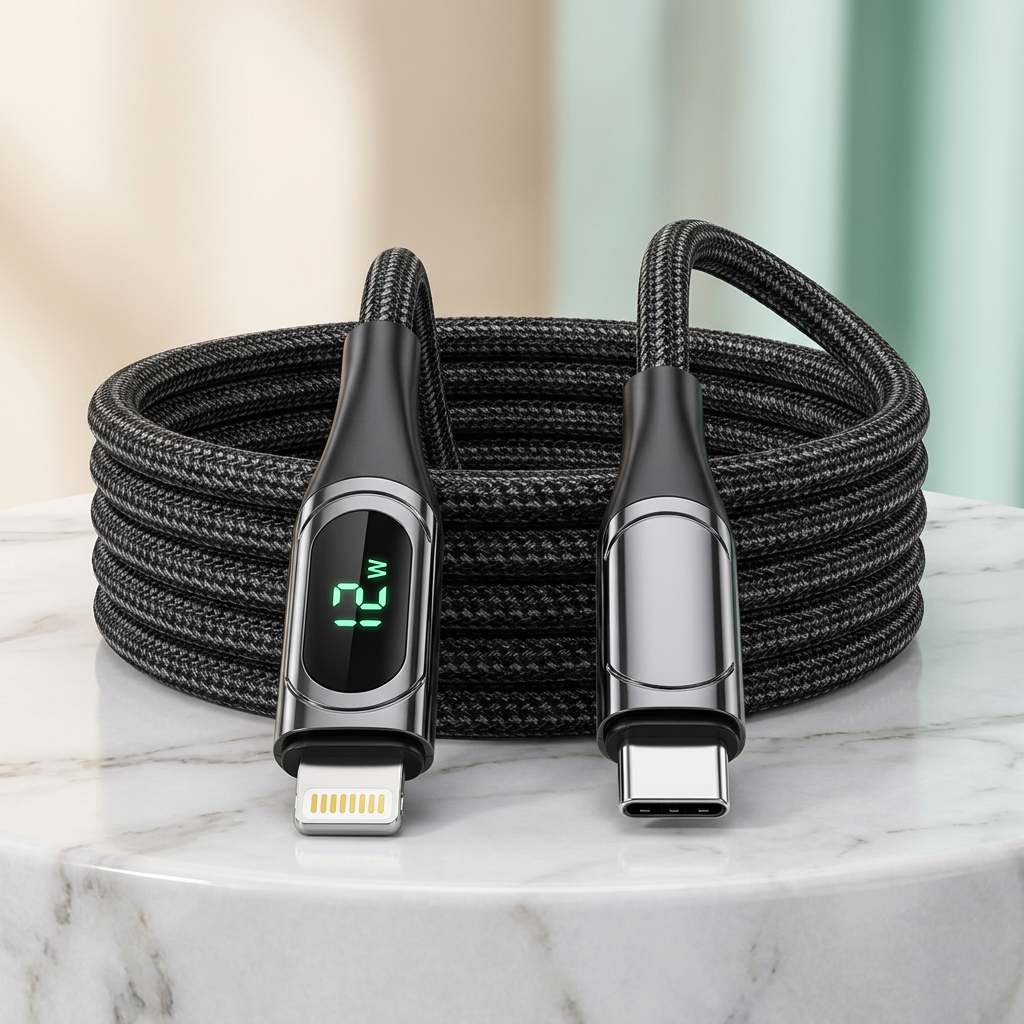 Black USB-C-to-Lightning digital-display cable