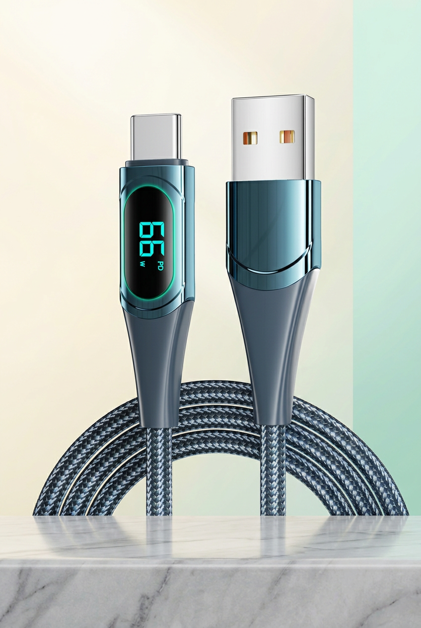 Blue USB-A-to-USB-C cable with digital display restored