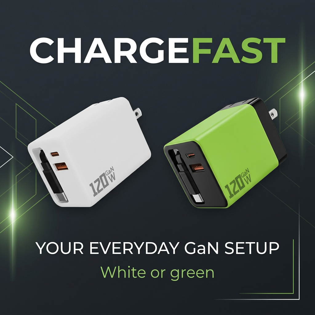 White and green charger graphic