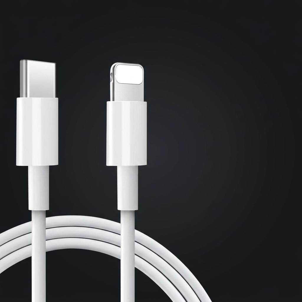White USB-C to Lightning cable on a charcoal background