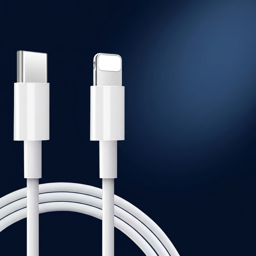 White USB-C to Lightning cable on a midnight-blue background
